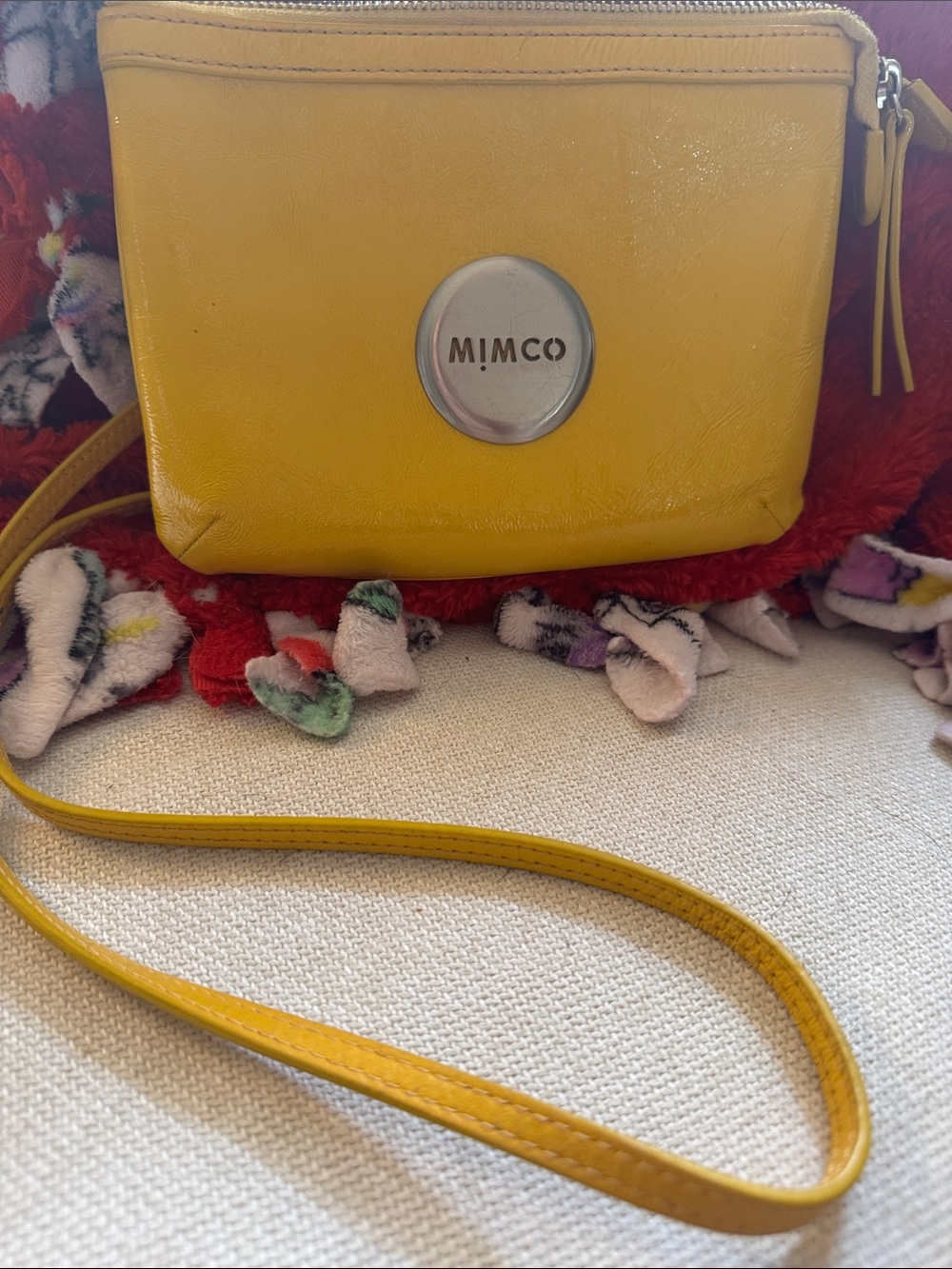 Mimco Yellow Leather Crossbody Purse with Logo Medallion